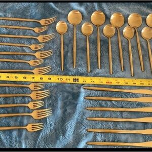 EUC HAMPTON FORGE SKANDIA Zephyr Spoons Forks Knives Silverware Gold Brass